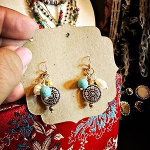 Silver sun coin, charms, earrings